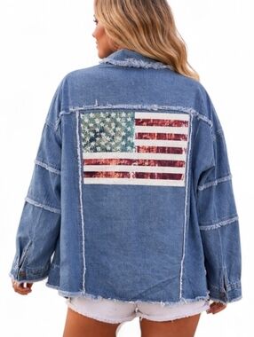 Blue Velvet Womens Sequin American Flag Denim Jacket Oversized Fringe Shacket
